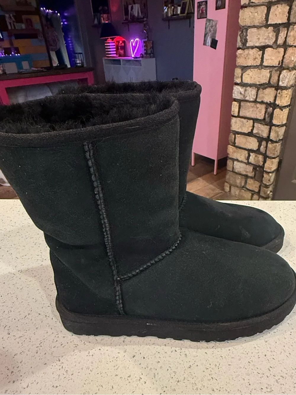 UGG Classic Short Black Suede Shearling Boots - Women's